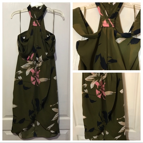 H by Halston Olive Green Draped Floral Patterned - Picture 4 of 7